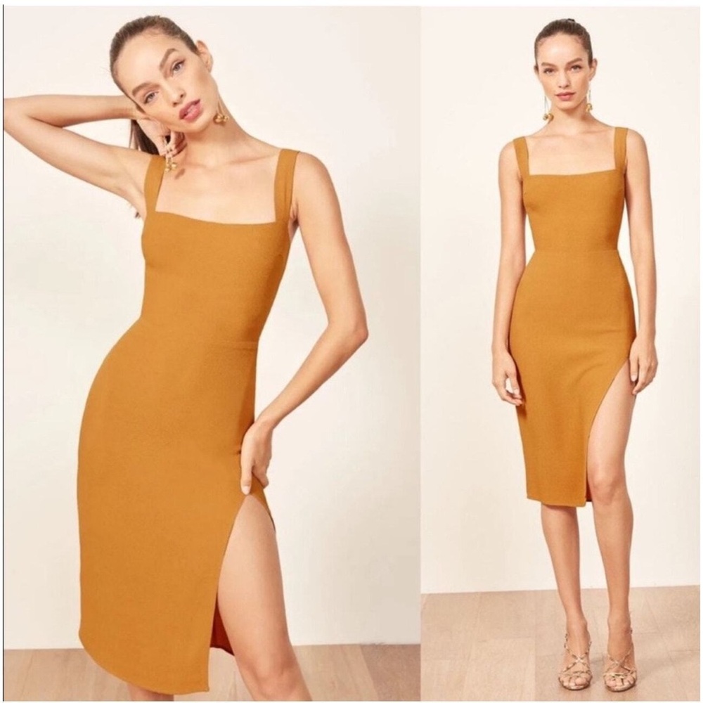 Reformation yellow Christina sleeveless knee length slit dress size 0